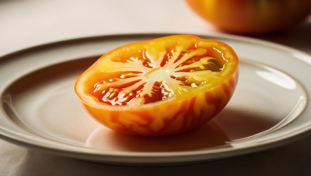 Eine aufgeschnittene Ananas-Tomate mit gelb-orangener Färbung und saftigem Fruchtfleisch.