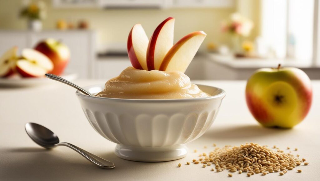 Ein Schälchen Apfel-Hirsebrei mit Apfelscheiben und Hirseflocken.