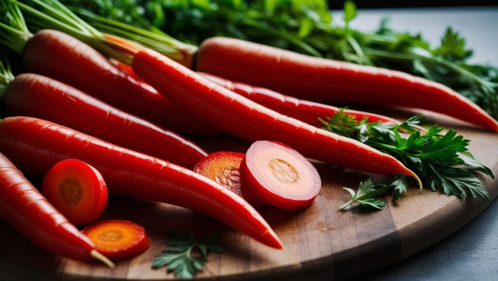 Leuchtend rote Möhren der Sorte „Atomic Red“ mit glatter Oberfläche und intensivem Farbton.