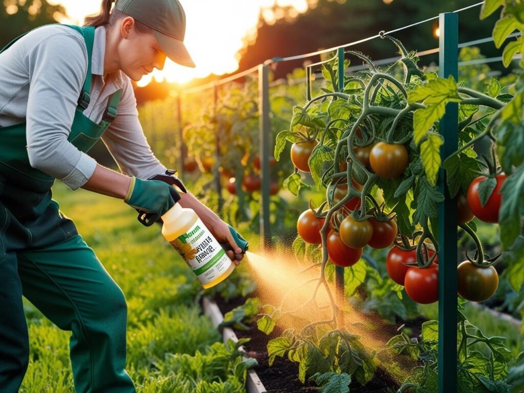 Braunfäule Tomaten: Ein Gärtner besprüht Tomatenpflanzen mit einem biologischen Mittel gegen Braunfäule.