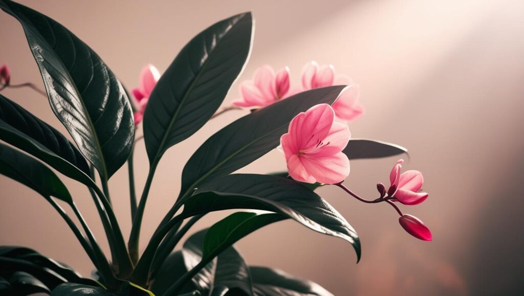 Eine Bergenie mit kräftigen, grünen Blättern und leuchtend rosa Blüten im Frühling.