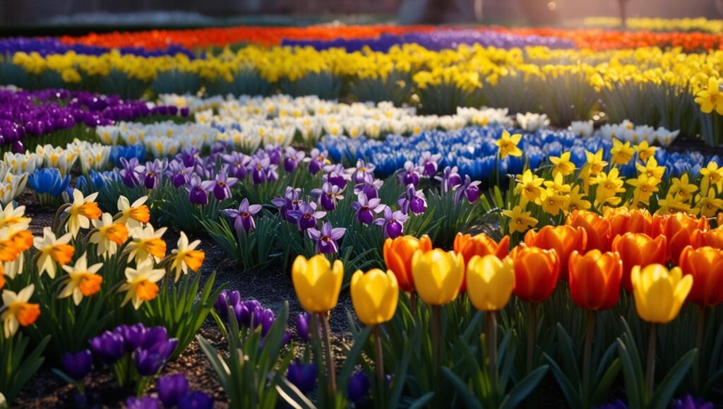 Ein Garten mit Frühblühern in verschiedenen Farben und Höhen