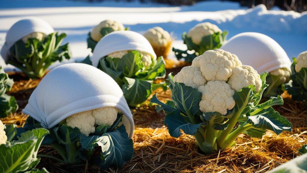 Blumenkohlpflanzen mit weißem Schutzvlies im winterlichen Garten, umgeben von leichtem Schnee und Frost.
