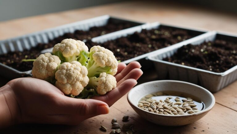 Blumenkohl vorziehen: Nahaufnahme von Blumenkohl-Samen auf einer Hand, bereit zum Einweichen vor der Aussaat.