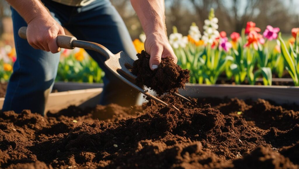 Gärtner lockert Erde für die Rosenpflanzung auf