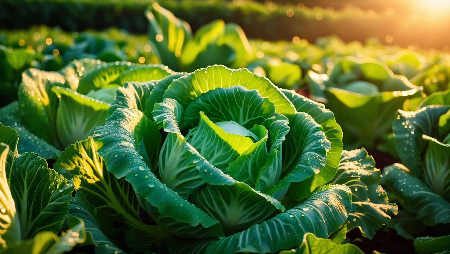 Gesunder, grüner Chinakohl wächst in einem Gemüsebeet, mit Morgentau bedeckt.