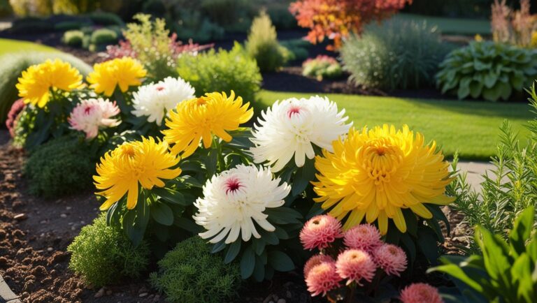 Chrysanthemen pflanzen: Blühende Chrysanthemen in kräftigen Farben, eingebettet in ein Beet mit Stauden und Kräutern