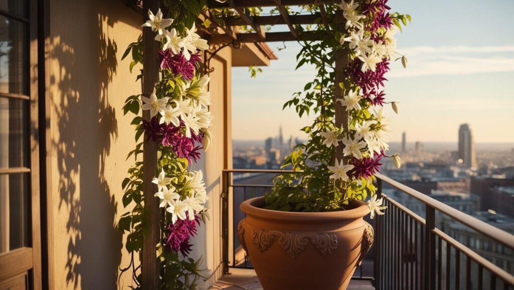 Eine Clematis, die in einem großen Kübel auf einem Balkon wächst und an einem Rankgerüst emporwächst, mit weißen und lila Blüten.