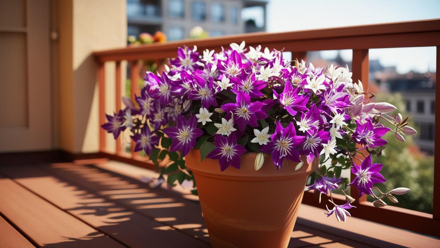 Clematis im Topf auf dem Stadtbalkon