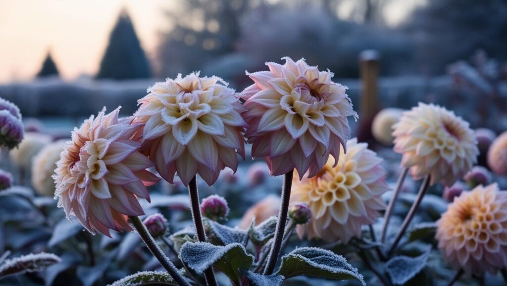 Verblühte Dahlien mit Reif überzogen bei Morgenfrost