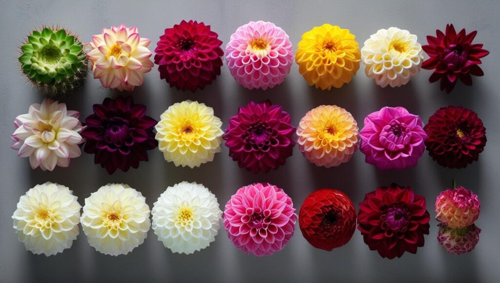 Verschiedene Dahlienarten nebeneinander: Kaktus-, Pompon-, Ball- und Dekorative Dahlie