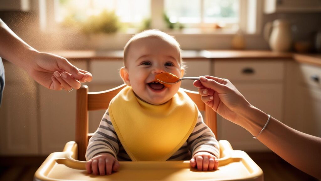 Ein 4 Monate altes Baby sitzt im Hochstuhl und bekommt den ersten Löffel Babybrei.