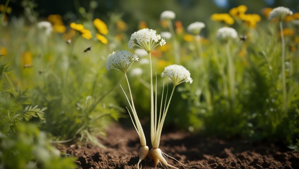 Blühende wilde Möhren mit weißen Doldenblüten in einer sommerlichen Wiese.