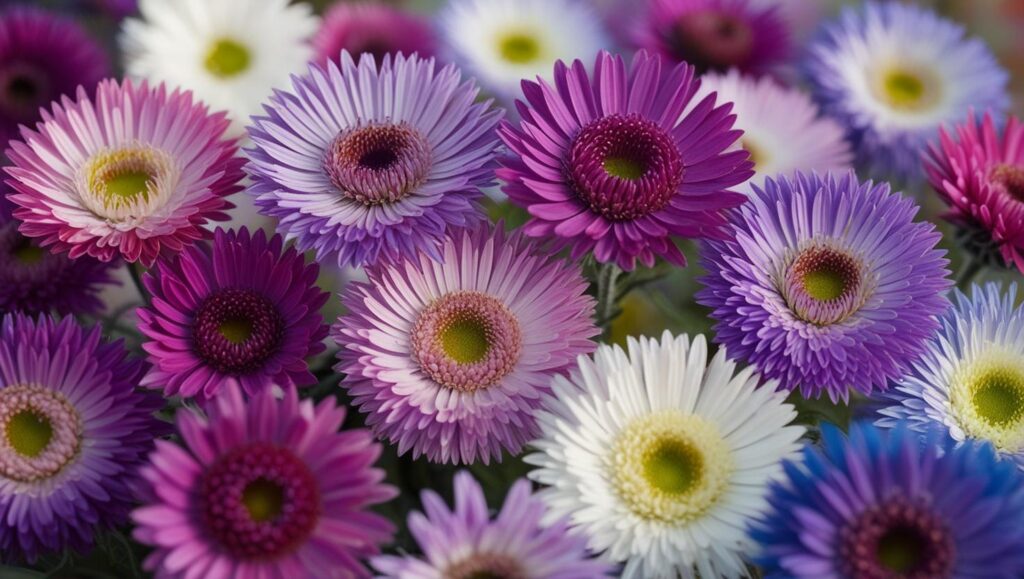 Nahaufnahme verschiedener Asternsorten in kräftigen Farben wie Lila, Rosa und Weiß