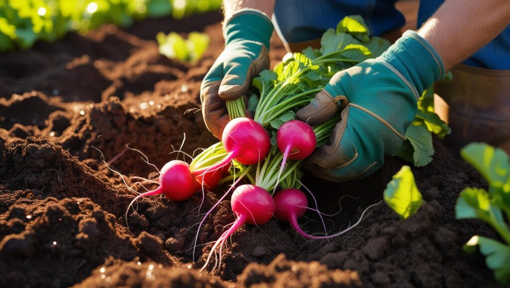 Gärtner zieht frisch gereifte Radieschen vorsichtig aus dem Beet, die roten Knollen sind deutlich sichtbar.