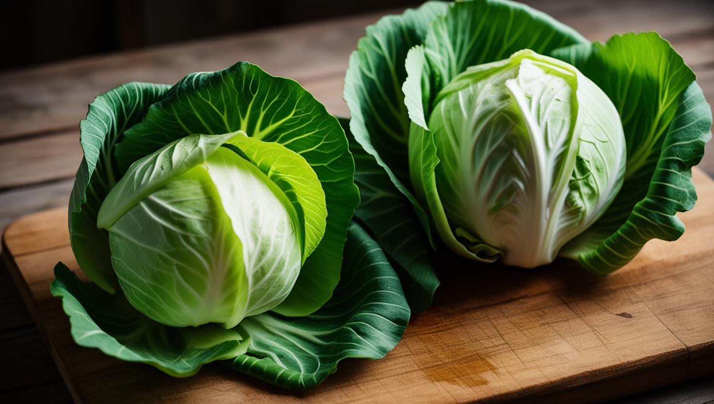 Nahaufnahme eines frischen Chinakohls mit knackigen, grünen Blättern auf einem rustikalen Holzbrett.