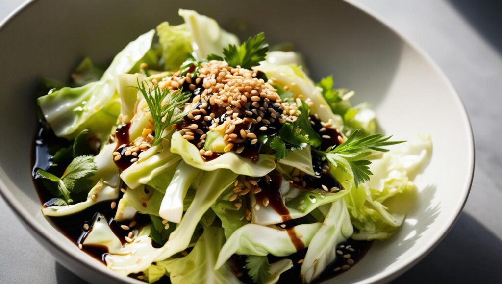 Ein erfrischender Chinakohlsalat mit Sesam und Sojasoße, serviert in einer modernen Keramikschüssel.