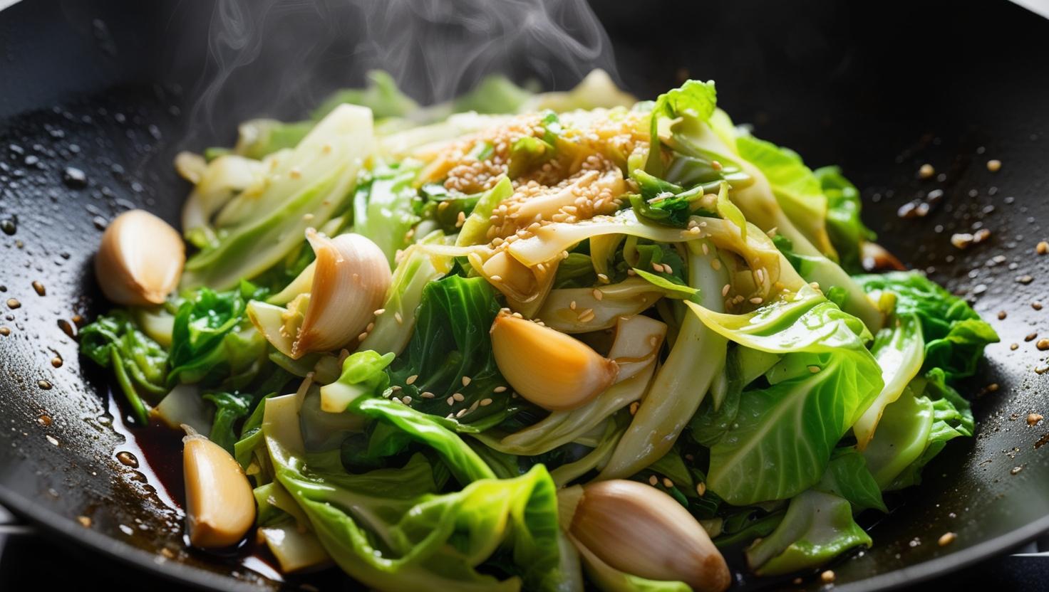 In der Pfanne gebratener Chinakohl mit Knoblauch, Sojasoße und Sesamkörnern.