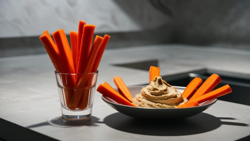 Möhren Nährstoffe: Frische Karottensticks in einem Glas, serviert mit Hummus als gesunde Snack-Option
