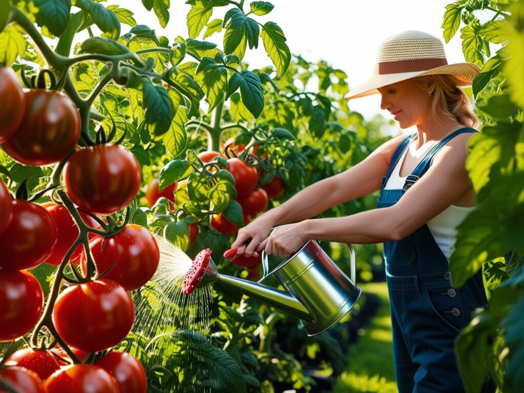 Frische, gesunde Tomatenpflanzen mit grünen Blättern und reifen roten Früchten.