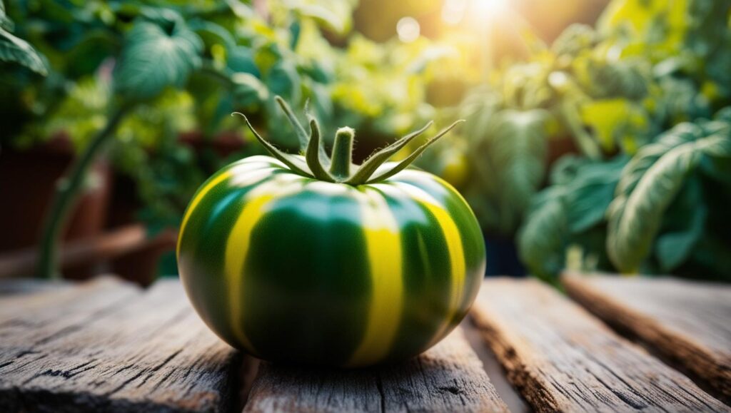 Eine Green Zebra Tomate mit ihrer charakteristischen grün-gelben Streifenoptik auf einem Holztisch.