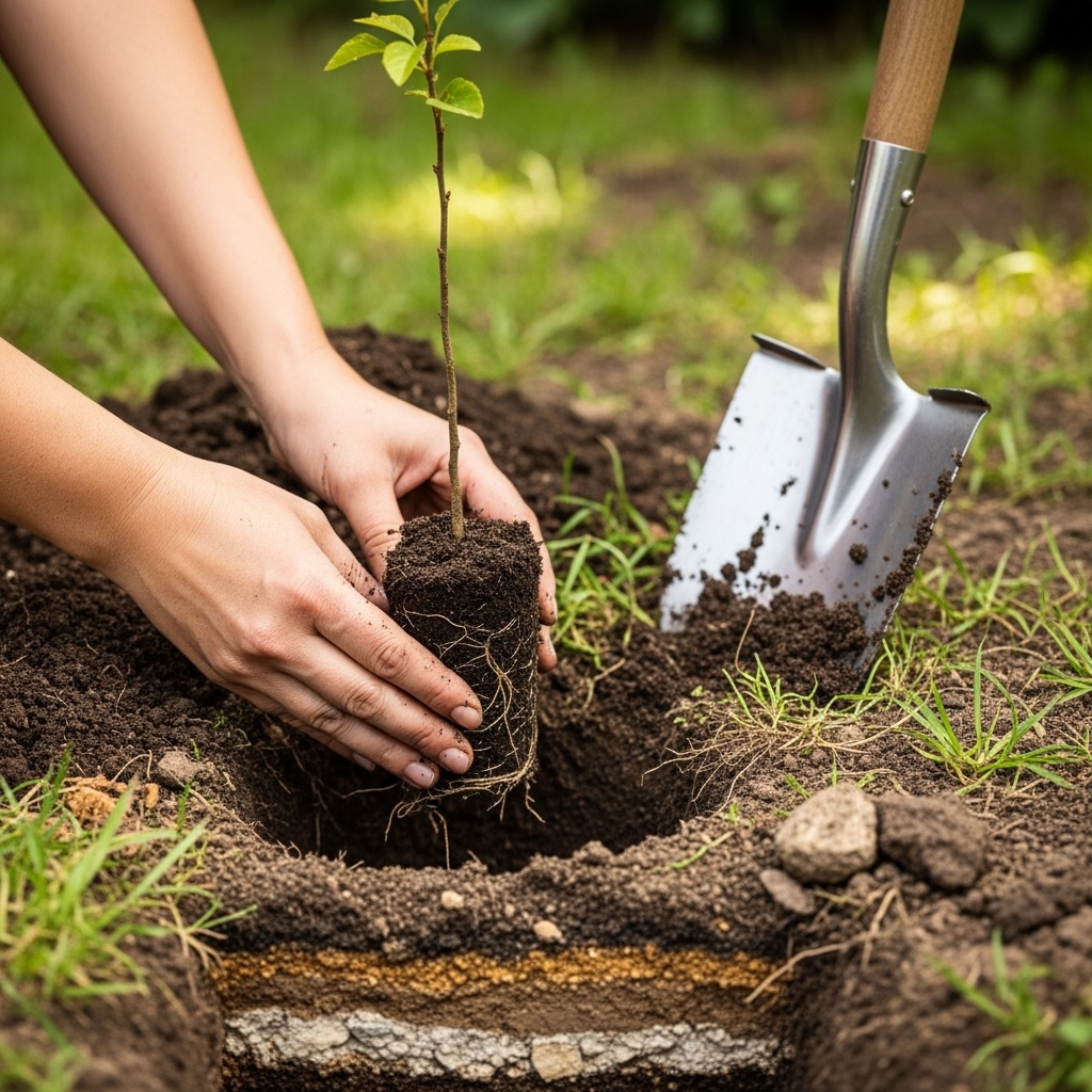 Hände pflanzen einen jungen Baum in ein vorbereitetes Loch im Garten, Erde und Spaten sichtbar