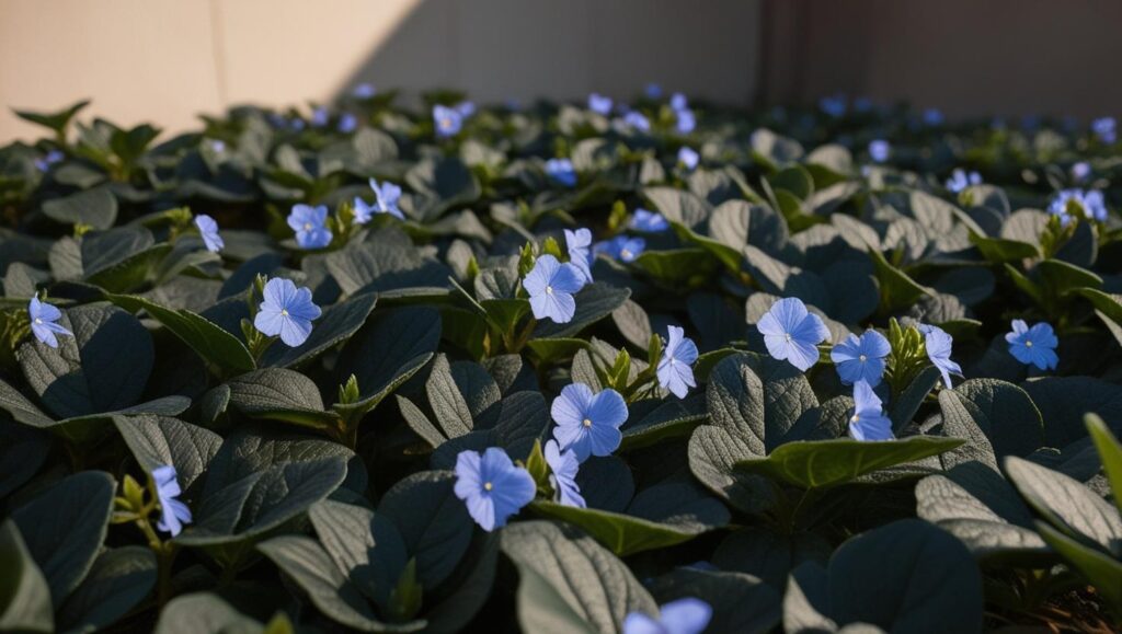 Nahaufnahme eines dichten Teppichs aus Vinca minor mit blauen Blüten.