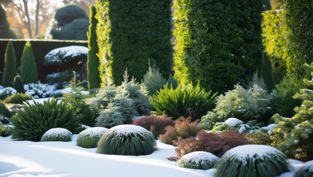 Eine grüne Gartenlandschaft mit immergrünen Pflanzen, winterharten Sträuchern und Bodendeckern.