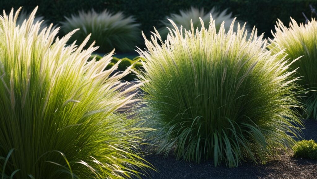 Elegante immergrüne Ziergräser in einem Garten, sanft vom Wind bewegt.