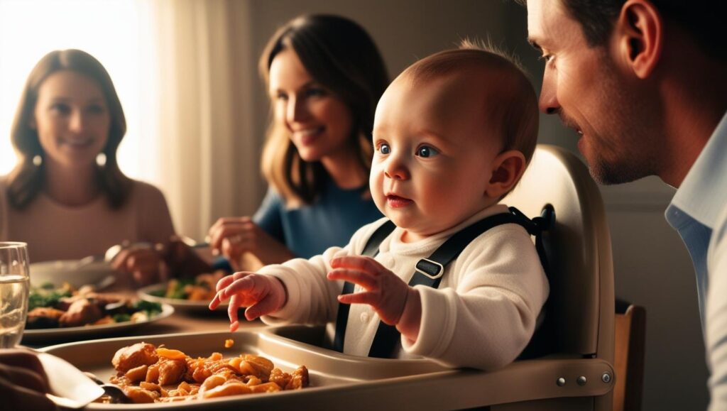 Ein Baby beobachtet interessiert seine Eltern beim Essen und greift nach dem Essen.