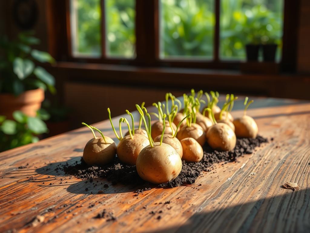 Kartoffeln anbauen, dieses Bild zeigt vor gekeimte Kartoffeln auf einem Holztischen