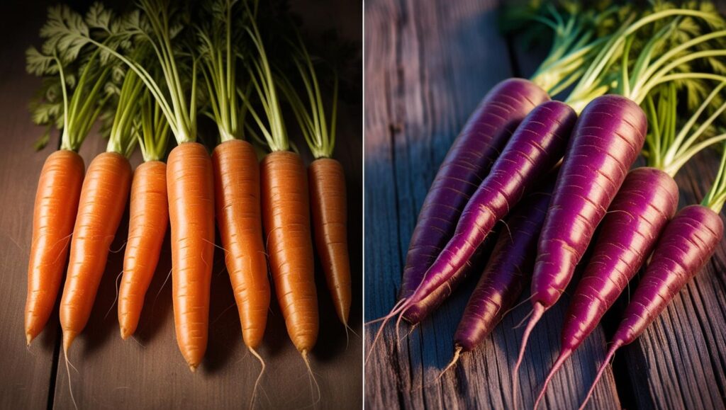 Traditionelle orange Möhren neben modernen violetten Hybridsorten auf einer Holzoberfläche.