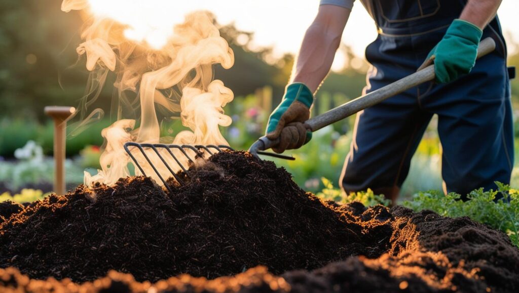 Frischer Kompost wird in Gartenboden eingearbeitet