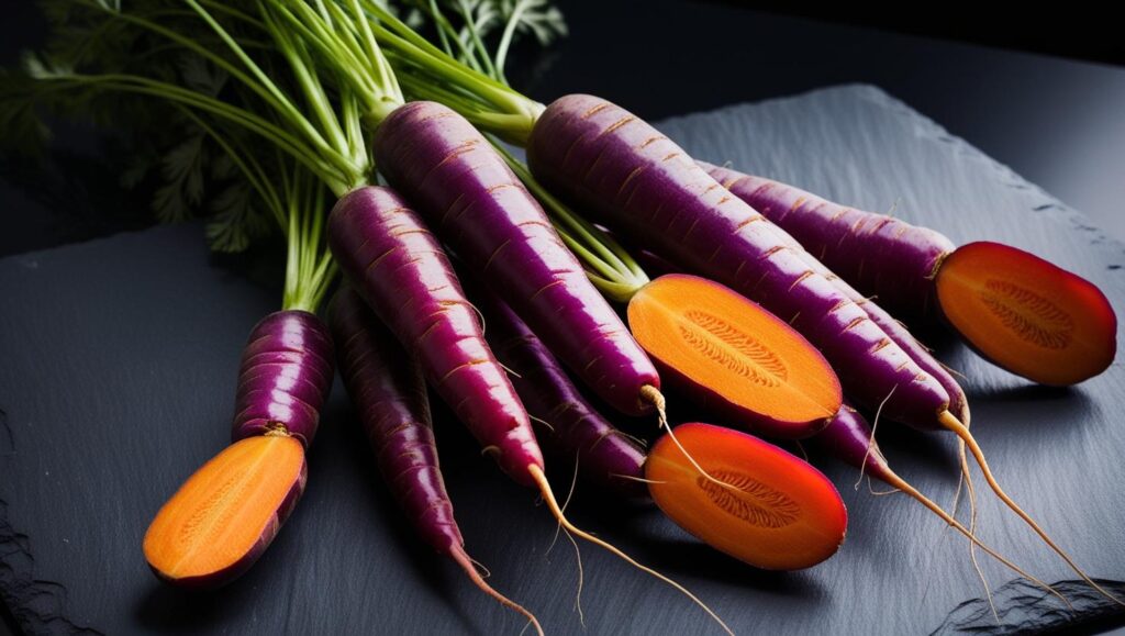 Violette Möhren der Sorte „Purple Haze“ mit orangefarbenem Inneren, angerichtet auf dunklem Hintergrund.