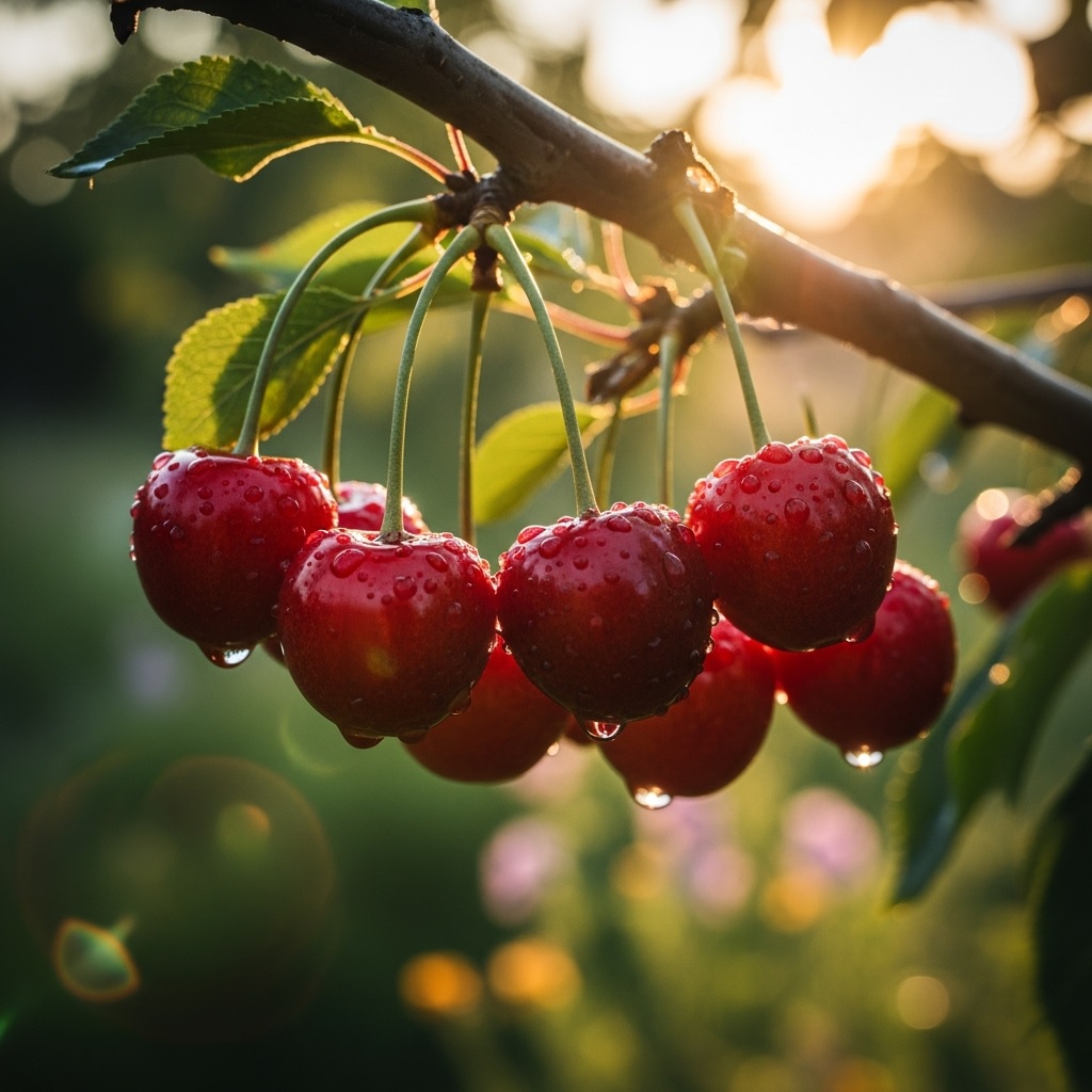 Reife Kirschen an einem Baumast im Sonnenlicht, Gartenatmosphäre, hohe Qualität