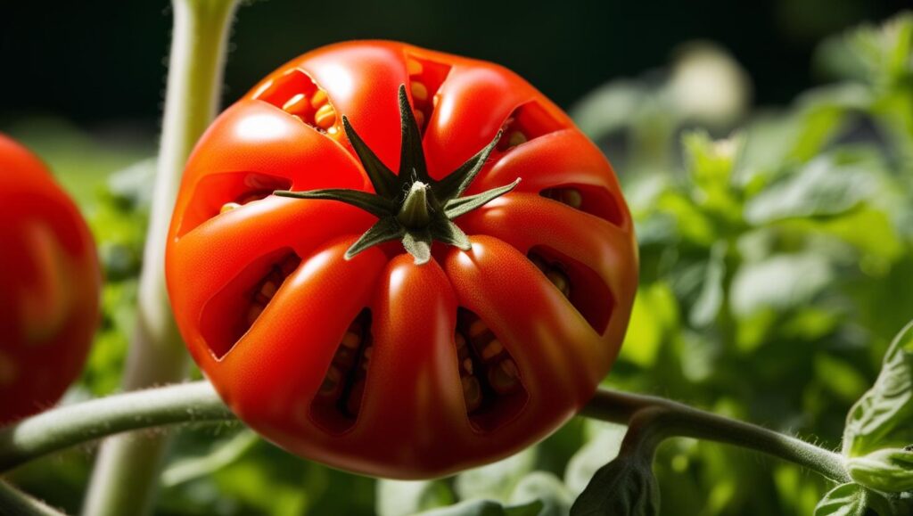Eine Reise-Tomate in Nahaufnahme mit mehreren Kammern, die sich leicht voneinander lösen lassen.