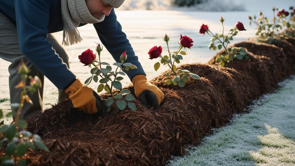 Ein Gärtner schützt Rosen im Winter, indem er sie mit Erde oder Mulch abdeckt. Der Boden ist frostig und es liegt leichter Schnee.