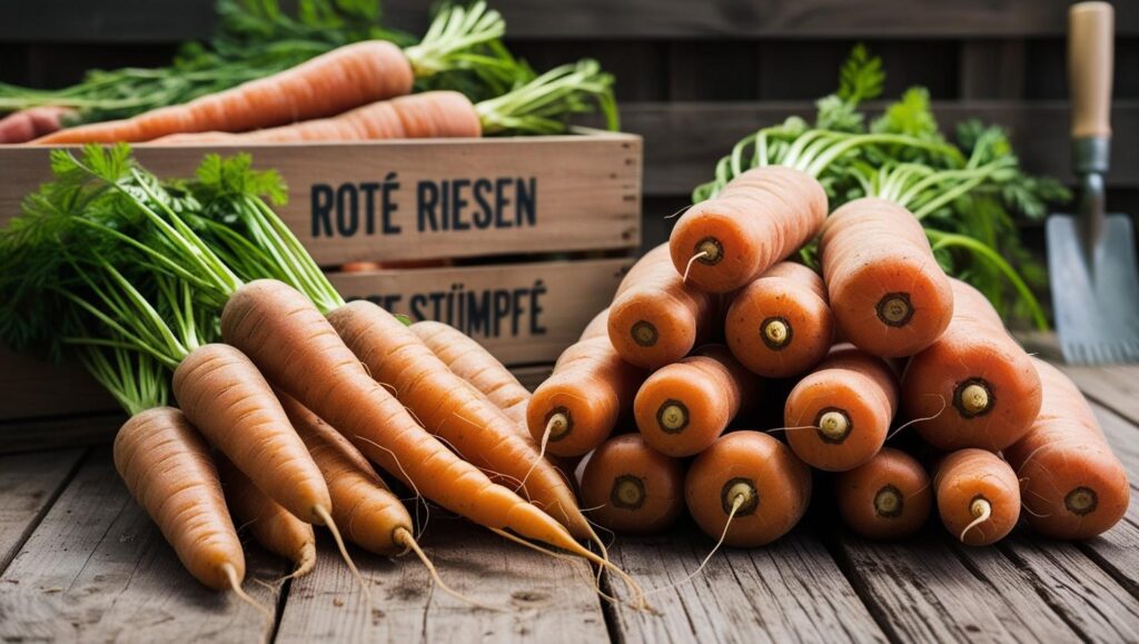 Große, ertragreiche Möhrensorten „Rote Riesen“ und „Rote Stumpfe“ mit robustem Wuchs.