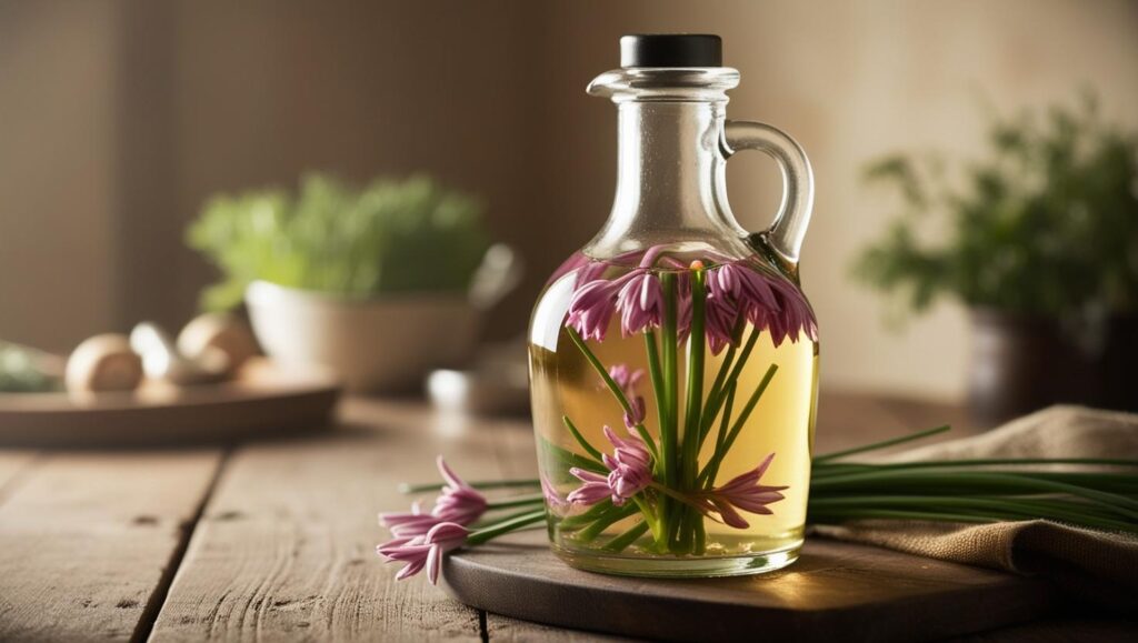 Ein Glas Essig, das Schnittlauchblüten in einer durchsichtigen Flüssigkeit zeigt, in einer eleganten Glasflasche auf einem Tisch.