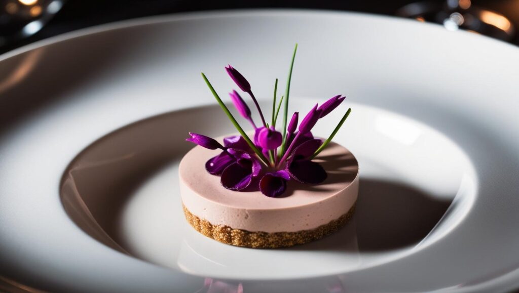 Ein elegantes Dessert mit Schnittlauchblüten als Dekoration, das auf einem weißen Teller serviert wird.