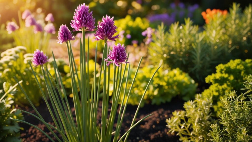 Ein frischer Kräutergarten mit blühendem Schnittlauch, dessen lila Blüten in der Sonne leuchten.