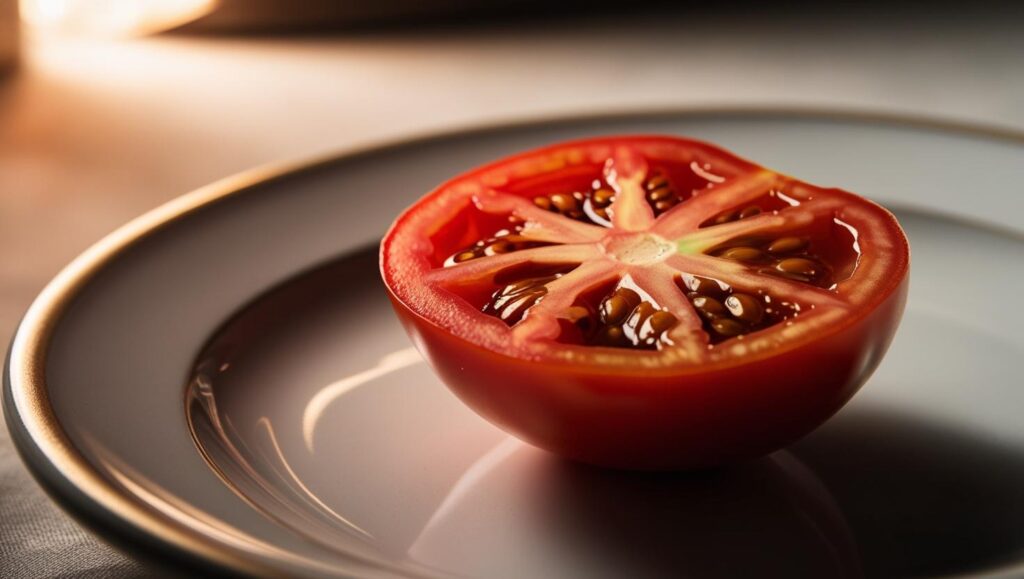Aufgeschnittene Schwarze Krim Tomate mit tiefrotem bis schwarzem Fruchtfleisch auf einem Teller.