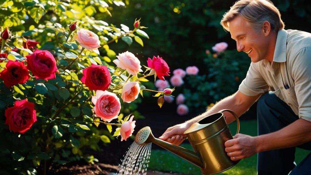 Ein Gärtner gießt Rosen im Sommer, die prächtig blühen. Die Sonne scheint und die Blumen gedeihen unter sorgfältiger Pflege.