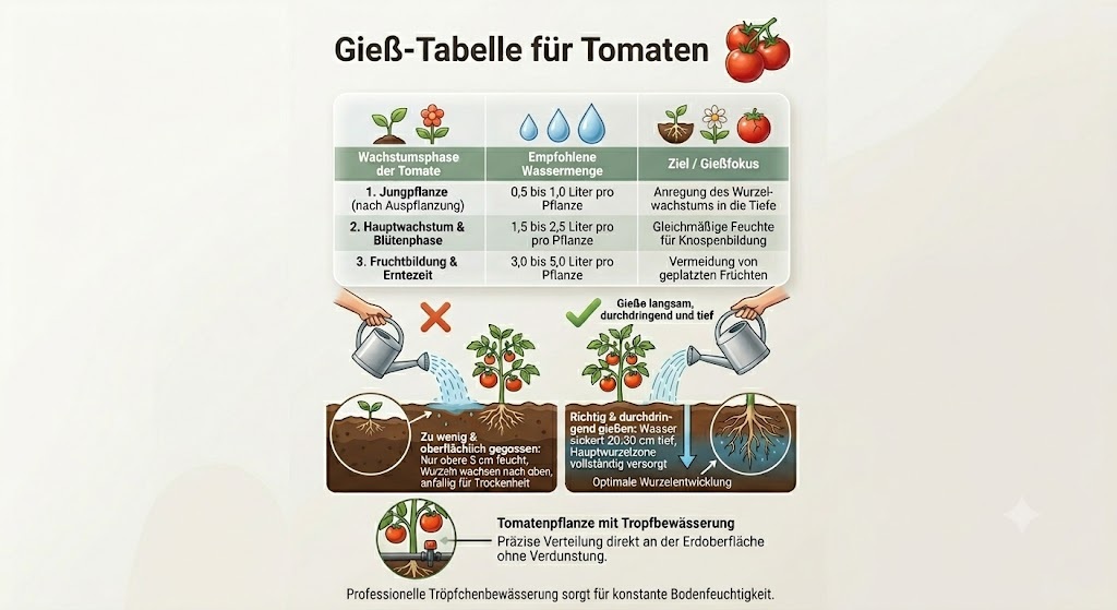Tomatenpflanze mit Tropfbewässerung