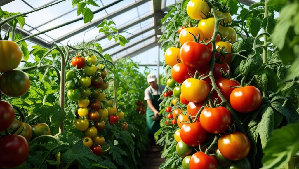 Tomatensorten: Ein Gewächshaus voller kräftiger Tomatenpflanzen mit roten, gelben und grünen reifen Früchten.