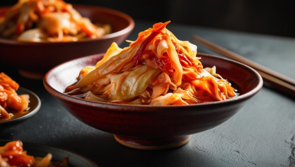 Hausgemachtes, würziges Kimchi aus fermentiertem Chinakohl in einer traditionellen Schale.