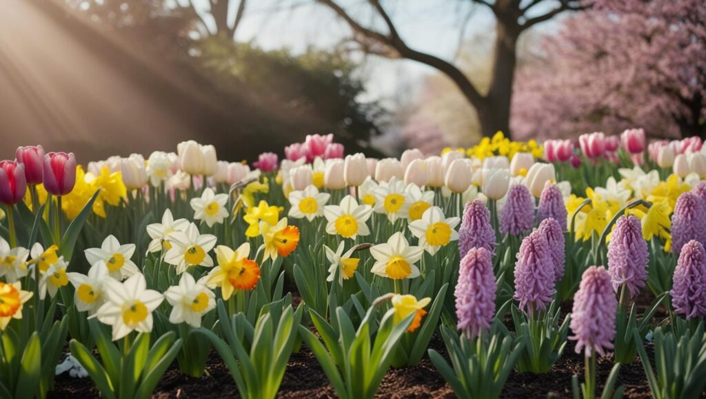 Tulpen, Narzissen und Hyazinthen in einem Beet.