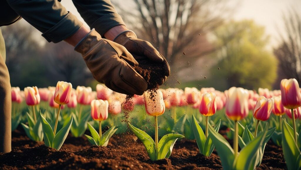 Gärtner düngt Tulpenbeet mit organischem Dünger.