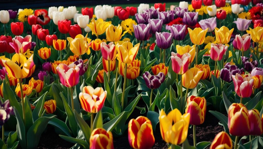 Verschiedene Tulpensorten in einem prächtigen Frühlingsbeet.
