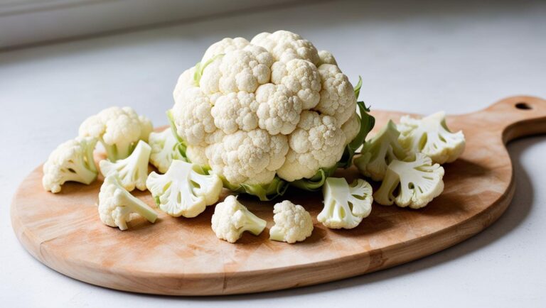 Ein frischer Blumenkohl, in Röschen geschnitten, liegt auf einem Holzbrett.